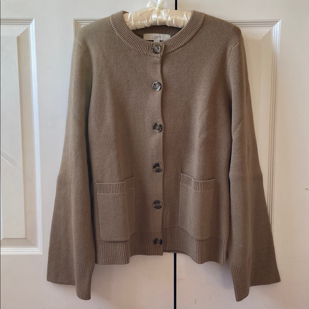 LOFT Waisted Patch Pocket Cotton Cardigan Sweater, Brown/Tan, L, NWT